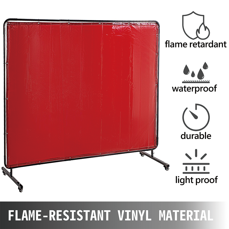 Welding Screen with Frame,8' x 6',Welding Protection Screen Flame-Resistant Vinyl,Welding Curtain with 4 Wheels,Portable Light-Proof Professional,Red
