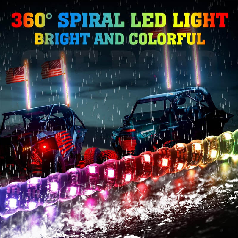 2pc 3ft Spiral Whip Lights with APP & Remote Control  for UTVs, ATVs, Motorcycles, RZR, Can-am, Go-kart