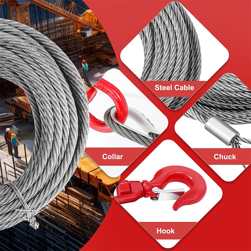 Steel Winch Cable, 3/8" x 100' Wire Rope with Swivel Hook, 6x19 Strand Steel Towing Cable for Tow Trucks, Cranes, Wreckers