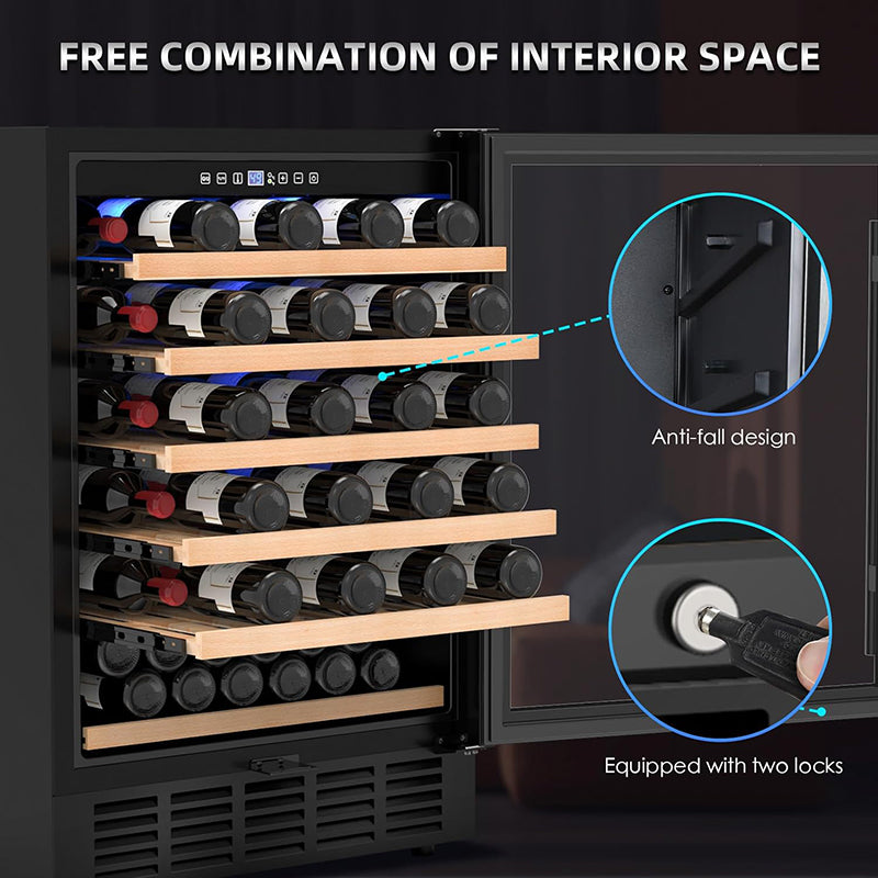 24 Inch Wine Cooler 51 Bottle Wine Refrigerator with Removable Shelves & Blue Interior Light