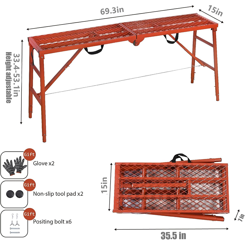 Scaffolding Platform 70(L)x15(W)x33(H)''770 lb Capacity Folding Adjustable Portable Work Platform Ladder, Red