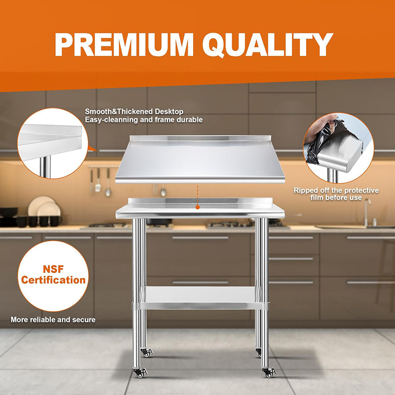 Stainless Steel Worktables with Wheels Commercial Heavy Duty Tables Adjustable Undershelf Kitchen Equipment Stand for Kitchen, Restaurant, Hotel and Garage