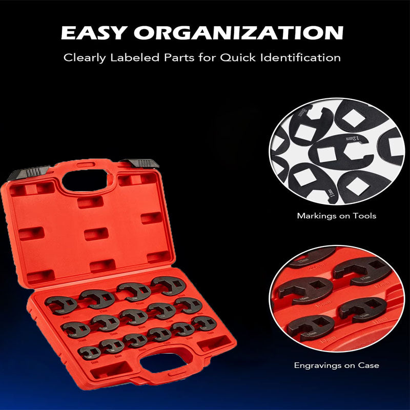 Crowfoot Wrench Set for 8 to 24 mm Flare Nuts 1/2" and 3/8" Drive 15-Piece Crows Foot Wrench Set with PP Storage Case