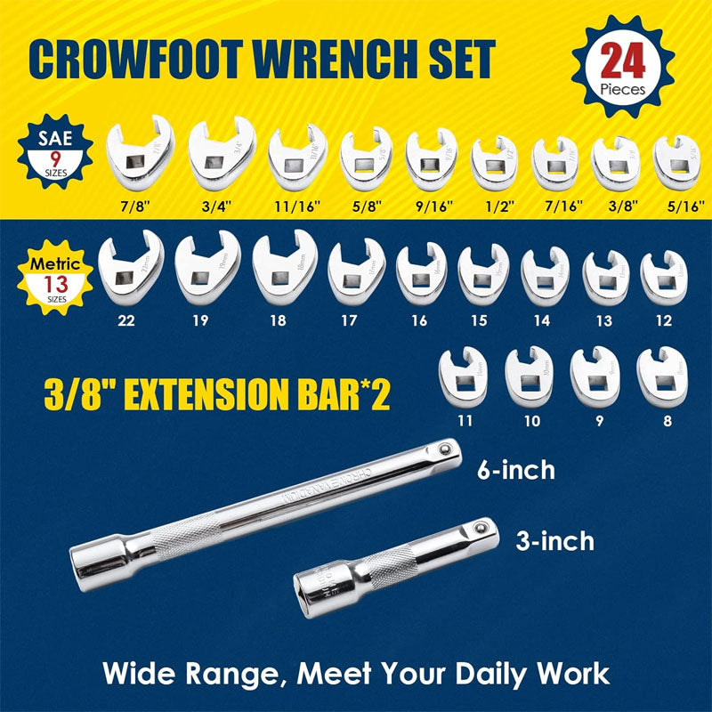 3/8" Drive Crowfoot Wrench Set with 2 Extension Bars 24PCS Flare Nut Crowfoot Wrench Set