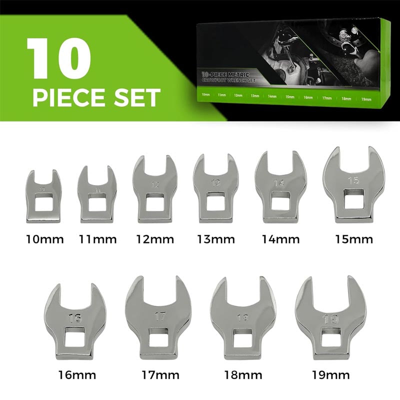 10-Piece 3/8" Crowfoot Wrench Set Size Covers 10-19mm CR-V Steel with Zipper Bag Open End Wrench Set